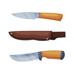 Poster - Hunting Knife with Sharp Steel Blade and Handle Vector Set