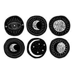 Magic moon phase in boho style. Black and white linocut isolated