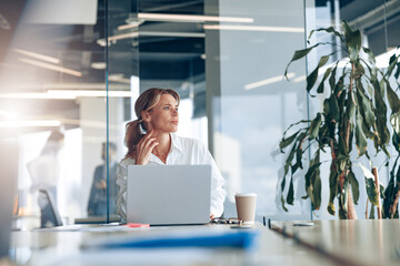 Wall Mural - Focused businesswoman working on laptop and looking out the window at her workplace at modern office