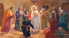 VALENCIA, SPAIN - FEBRUAR 17, 2022: The Painting Of Apparition Of Resurrected Jesus To Apostle In The Church San Salvador Y Santa Monica From 20. Cent.