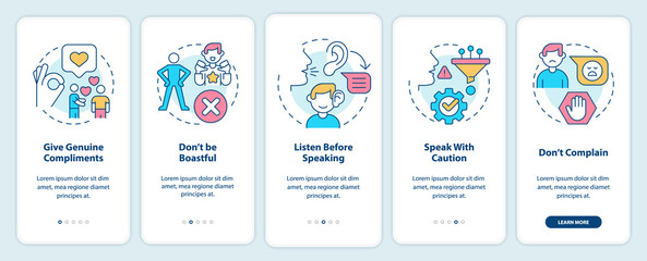 Basic etiquette rules onboarding mobile app screen. Set of norms walkthrough 5 steps graphic instructions pages with linear concepts. UI, UX, GUI template. Myriad Pro-Bold, Regular fonts used