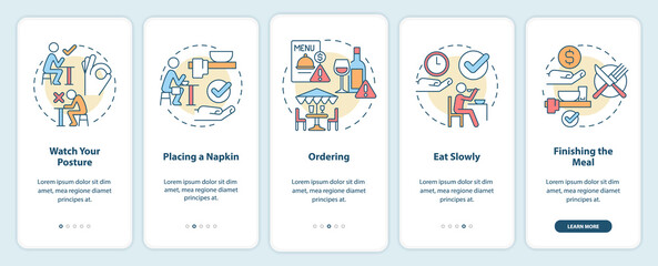 Restaurant etiquette onboarding mobile app screen. Table manners walkthrough 5 steps graphic instructions pages with linear concepts. UI, UX, GUI template. Myriad Pro-Bold, Regular fonts used