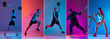 Leinwandbild Motiv Set of portraits of professional sportsmen in sports uniform isolated on multicolored background in neon light. Flyer. Advertising, sport life concept