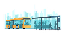 City Passenger Bus And Stop With Passengers On The Background Of An Abstract Cityscape. Vector Illustration.