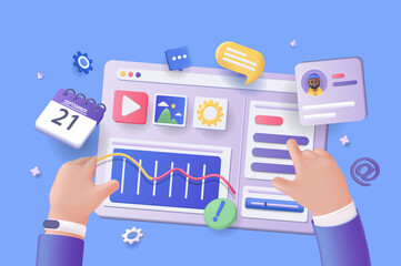 Wall Mural - Digital business concept 3D illustration. Icon composition with businessman interact with dashboard with graphs, advertising campaign indicators, clients. Vector illustration for modern web design