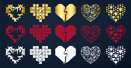 Wall Mural - Hearts icon collection. Live broadcast of video, chat, likes. Collection of heart illustrations, love symbol icons set. Golden hearts