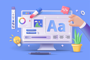 Wall Mural - ui ux design concept 3d illustration. icon composition with computer display with drawing graphic el