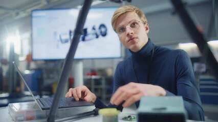 Modern Office: Portrait of Male Developer Works on Engineering Project, Coding at Laptop and Fixing Processor at Drone. Empowered Engineer Have Startup Project Concept