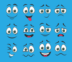 Wall Mural - Emoticons with funny facial expressions vector illustrations set. Eyes and mouth of cute expressive cartoon character, comic angry, happy, sad face isolated on blue background. Emotions concept