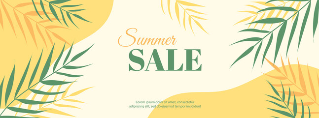 Wall Mural - Summer sale vector long yellow banner with palm leaves. Minimal banner for social media advertisement, Facebook header,