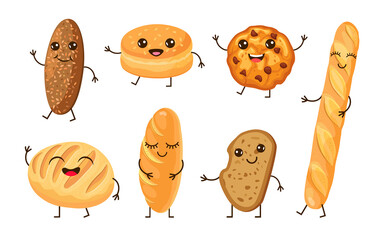 Wall Mural - Cute bread cartoon characters vector illustrations set. Collection of clipart of different kinds of bread, funny comic baguette, cookies isolated on white background. Food, bakery, breakfast concept