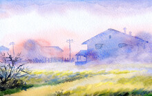 Foggy Morning In The Village. Watercolor Landscape