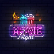 Movie Neon Sign, Bright Signboard, Light Banner. Movie Night Logo Neon, Emblem. Vector Illustration