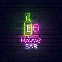 Wall Mural - Wine neon sign, bright signboard, light banner. Wine Bar logo neon, emblem. Vector illustration