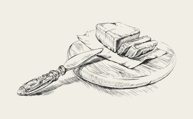 Butter Knife on a cutting board. Cooking Hand Drawn Vector Illustration. Kitchen Sketch. Breakfast