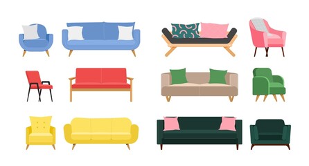 Set of different sofas and armchairs for living room design. Vector illustration in flat style isolated on white background