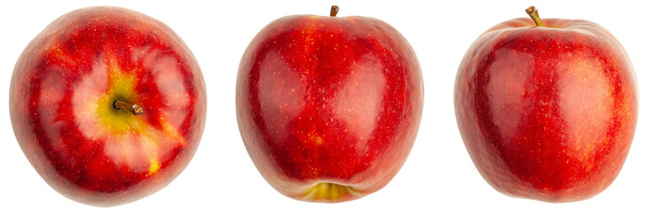 Red apple, top and side view. Red apple with tail isolated on white background.