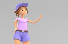 Girl Hipster With Index Finger Touching Or Pointing Something, 3d Render. Young Woman In Shorts, Baseball Cap And Backpack, Showing Direction. Cartoon Illustration Of Cute Female Character, Teenager