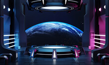 Sci-fi Product Podium Showcase In Empty Spaceship Room With Blue Earth Background. Cyberpunk Blue And Pink Color Neon Space Technology And Entertainment Object Concept. 3D Illustration Rendering
