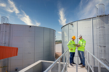 Two Asian male industrial engineers use a laptop or notebook to work on a plan, inspect work in an engineering factory. utilities Sewers and central wastewater treatment plants