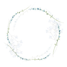 Watercolor Painted Floral Wreath On White Background. Branches With Tiny Blue Flowers, Leaves, Transparent Twigs. Vector