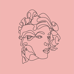 Neptune Line Art vector. Minimalist line drawing female face and Old man face. Love concept. 