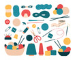 Knitting elements set. Handmade, knitted, various skeins of yarn, needles and hooks, accessories. Collection of handicraft hobby objects. Isolated flat hand drawn vector illustration