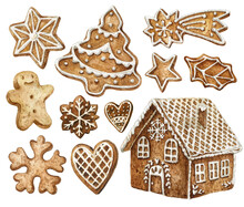 Watercolor Gingerbread Cookies. Winter Homemade Sweets In Shape Of House And Gingerbread Man, Tree, Star And Snowflake, Jingle Bell And Heart. Cartoon Hand-drawn Illustration