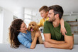 © NDABCREATIVITY - Happy family playing, having fun with dog at home