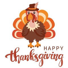 Wall Mural - Happy Thanksgiving typography poster with cartoon turkey. Celebration design for postcards, posters and banners. Vector illustration.