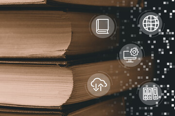 Concept Data literacy. Books with graphics from icons.
