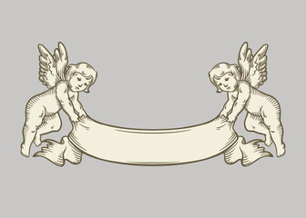 Vintage angels holding ribbon