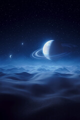 Wall Mural - night background of a desert landscape with a planet with rings in the sky and two small satellites.
