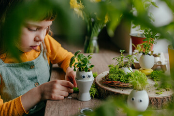 Wall Mural - Little girl decorating eggshell with toy eyes on the table