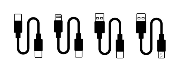 Vector set of usb computer universal connectors: micro, lightning, type A, C. Computer and mobile plugs design. Flat outline illustration with connectors.