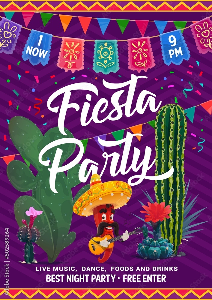 Mexican fiesta party flyer with vector cactuses and chili pepper ...