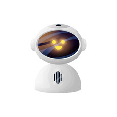 Leinwandbilder - Bot robot or chatbot virtual online assistant with kind smiling face isolated customer service support character. Vector internet consultant, chat bot digital smart assistance helper, glowing eyes