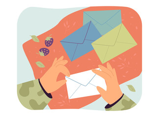 Sticker - Hands of soldier holding paper envelope. Man in camouflage receiving letter flat vector illustration. Post service, delivery of information concept for banner, website design or landing web page