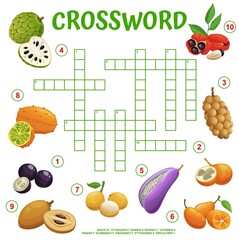 Poster - Exotic tropical fruits crossword grid, find word quiz game, vector puzzle worksheet. Crossword riddle to guess word of tropical fruits kiwano, cherimoya and kumquat with sapodilla and ackee apple