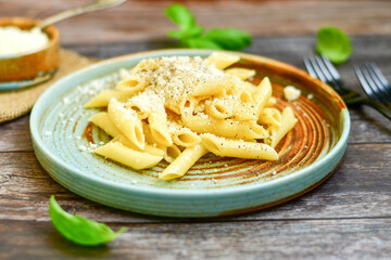  Home made  italian penne rigate pasta  with parmesan cheese,garlic  and black pepper .Pasta cacio e pepe. Mediterranean food concept