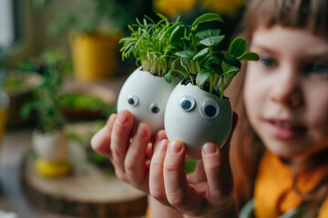 Wall Mural - Little girl holding eggshell with toy eyes on the table