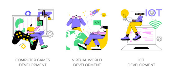 Wall Mural - programming team abstract concept vector illustration set. computer games, virtual world and iot dev