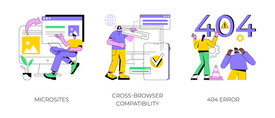 Web development abstract concept vector illustration set. Microsite interface, cross-browser compatibility, 404 error, programming, company page, page not found, website user abstract metaphor.