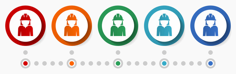 Poster - Worker, employee concept vector icon set, infographic template, flat design colorful web buttons in 5 color options