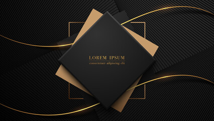 Wall Mural - gold square frames and golden lines with line stripes on abstract black background. vector illustrat