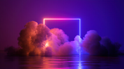 Poster - 3d render, abstract fantastic neon background with square geometric arch and glowing cloud. Mystical scene