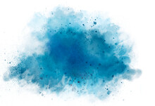 Abstract Blue Sky Watercolor Background With Space For Texts. Hand Drawn Abstract Light Blue Watercolor Splash With Blue And White Spot On White Background. Blue Dust Explosion Isolated On White BG.