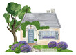 Watercolor village house,Provence lavender garden, Countryside landscape, Cottage illustration,summer garden plants,Home logo design