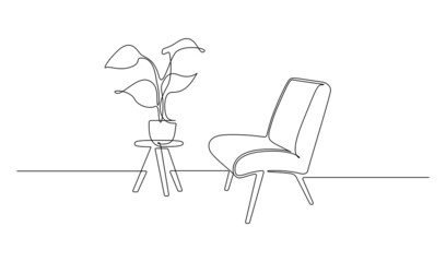 Aufkleber - Continuous one line drawing of armchair and table with vase with plant. Scandinavian stylish furniture for living room or loft hotel concept in simple linear style. Doodle vector illustration