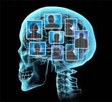 Social Networking Represented By Blue Icons Inside A Skull And Brain